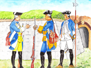 Tři pěšáci bavorských pluků, jež byly v roce 1758 posádkou v Olomouci – zleva doprava pěší pluk „Churprinz“, pěší pluk „Herzog Clemens“ a pěší pluk „Leibregiment“.